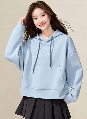 韩慵懒风短款上衣连帽套头卫衣女