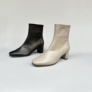 FEDERICA DI DONATO台版时尚显瘦胎羊皮里羊皮，方头粗跟短靴女靴