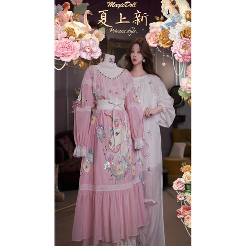 0701直播167洛可可复古[绮梦独角兽]中古披肩领刺绣温柔长裙