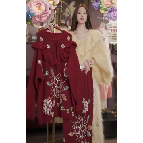 0302直播264高端元宵喜乐新品玫红水晶刺绣上衣裙子2件套80-120