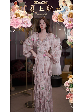0620直播156洛可可夏日[花影芍药]千金粉锻光肌理花苞袖仙女裙