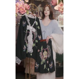 0204直播297年货焕新气质黑水晶山茶花刺绣上衣裙子两件套80-120