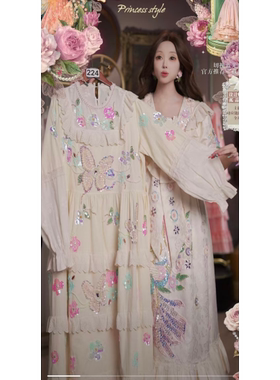 0402直播224高端春上新品宣奶油白蝴蝶花海刺绣裙送吊带80-120