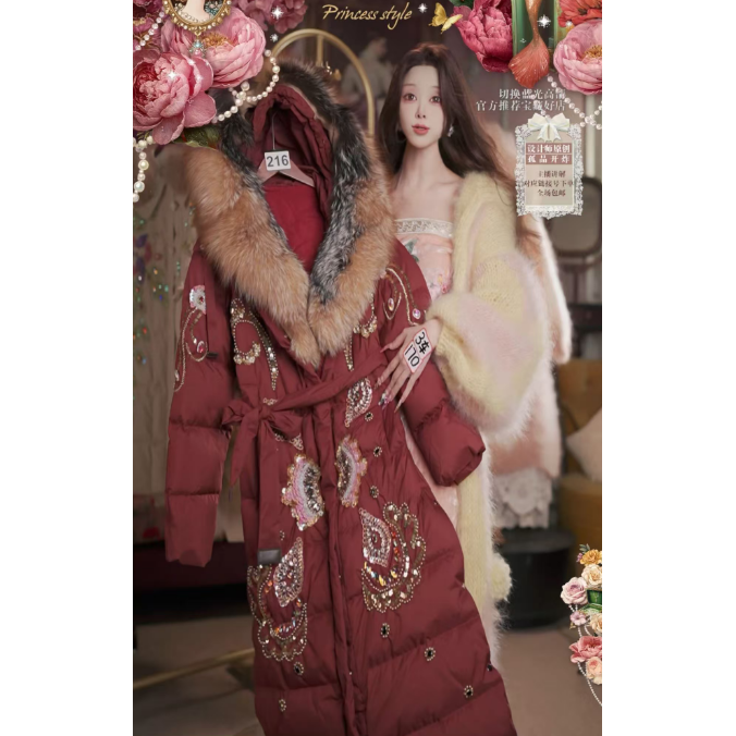 1025直播216高端双11抢先购安可拉红重工刺绣羽绒服80-120