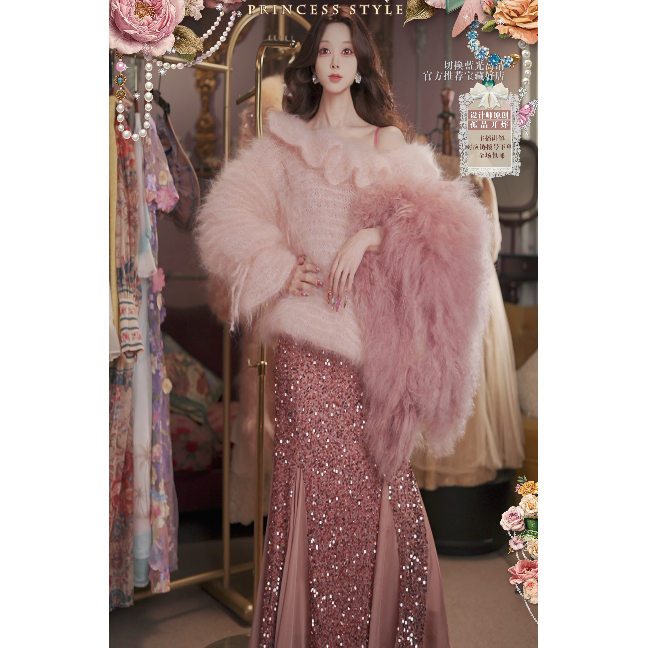 0929直播188进口超幼马海毛·矜贵雾粉玫瑰·烫羊毛披腰裙衣4件套