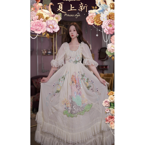 0724直播161洛可可珍藏可一字肩[绮梦爱丽丝]重工刺绣裙摆仙女裙