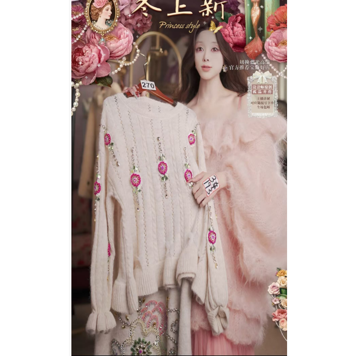 1029直播270高端双11抢先购奶昔白千金毛衣半裙刺绣2件套80-120