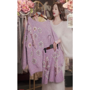 0123直播253高端新年焕新新品玫瑰紫水晶刺绣上衣裙子2件套80-120