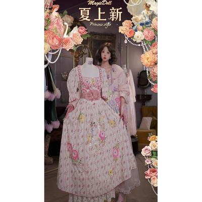 0506直播137洛可可夏日插画·蔷薇猫·法式v腰立裁碎花蛋糕裙