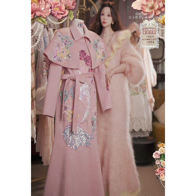 1104直播190秋冬至臻·东方美人鱼·国风云肩羊毛大衣腰带2件套