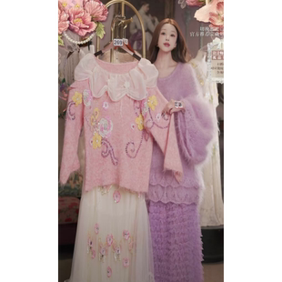 1227直播269彩蛋双旦福利新品 120 披肩领蜜桃粉上衣裙子两件套80