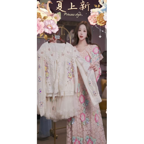 0719直播305高端超级88新品奶昔白上衣短裤刺绣2件套80-120