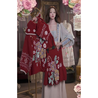 0319直播253高端春上新复古红重工刺绣上衣半裙2件套80-120