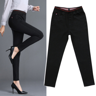 9分小脚裤 夏季 女松紧高腰纯黑色弹力显瘦胖mm大码 九分牛仔裤 薄款
