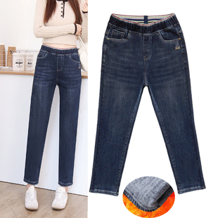 秋冬加厚松紧高腰显瘦小个子妈妈九分裤 抓毛加薄绒牛仔裤 女小脚裤