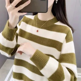 毛衣女拼色套头宽松韩版针织衫2025春秋新款学生圆领百搭打底衫潮