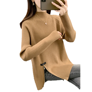 2025年秋冬新款女士针织半高领纯色简约下摆开叉中长款打底衫毛衣