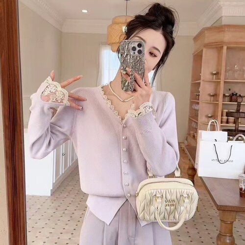 蕾丝边V领针织开衫女外套