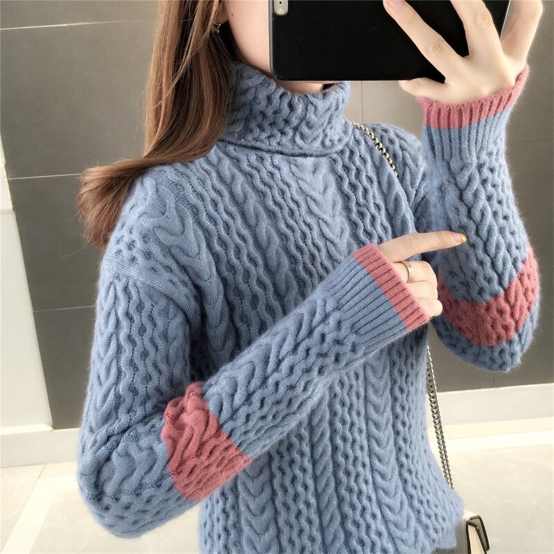 2023冬季女装夹色针织麻花两翻领单件毛衣加厚时尚打底衫内搭女装