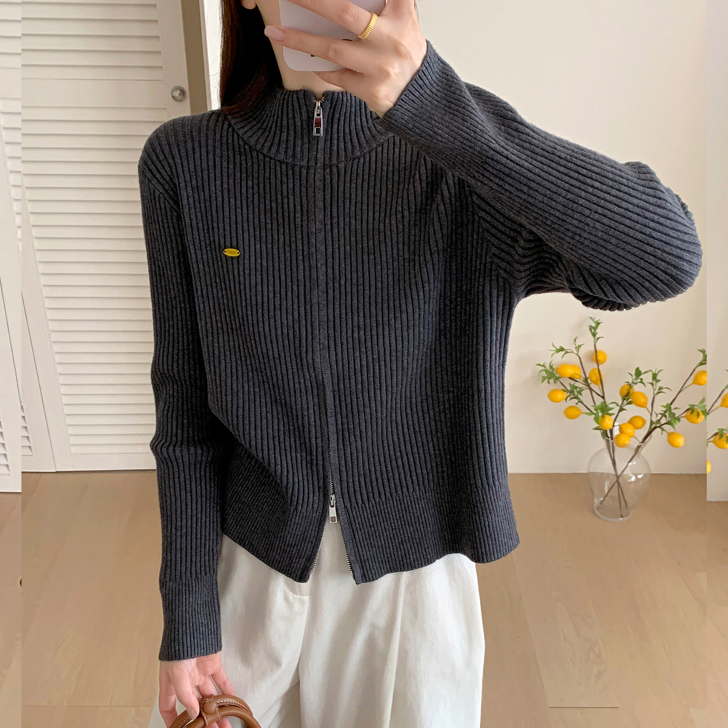 双拉链针织开衫女2025秋季韩版新款纯色百搭毛衣外套宽松上衣