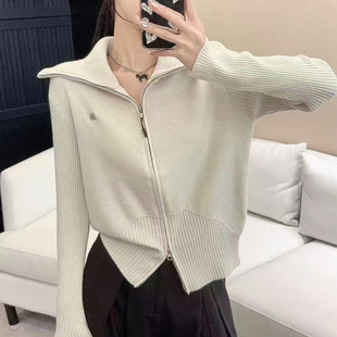 双拉链翻领针织开衫女2025秋冬季新款毛衣外套简约百搭长袖上衣