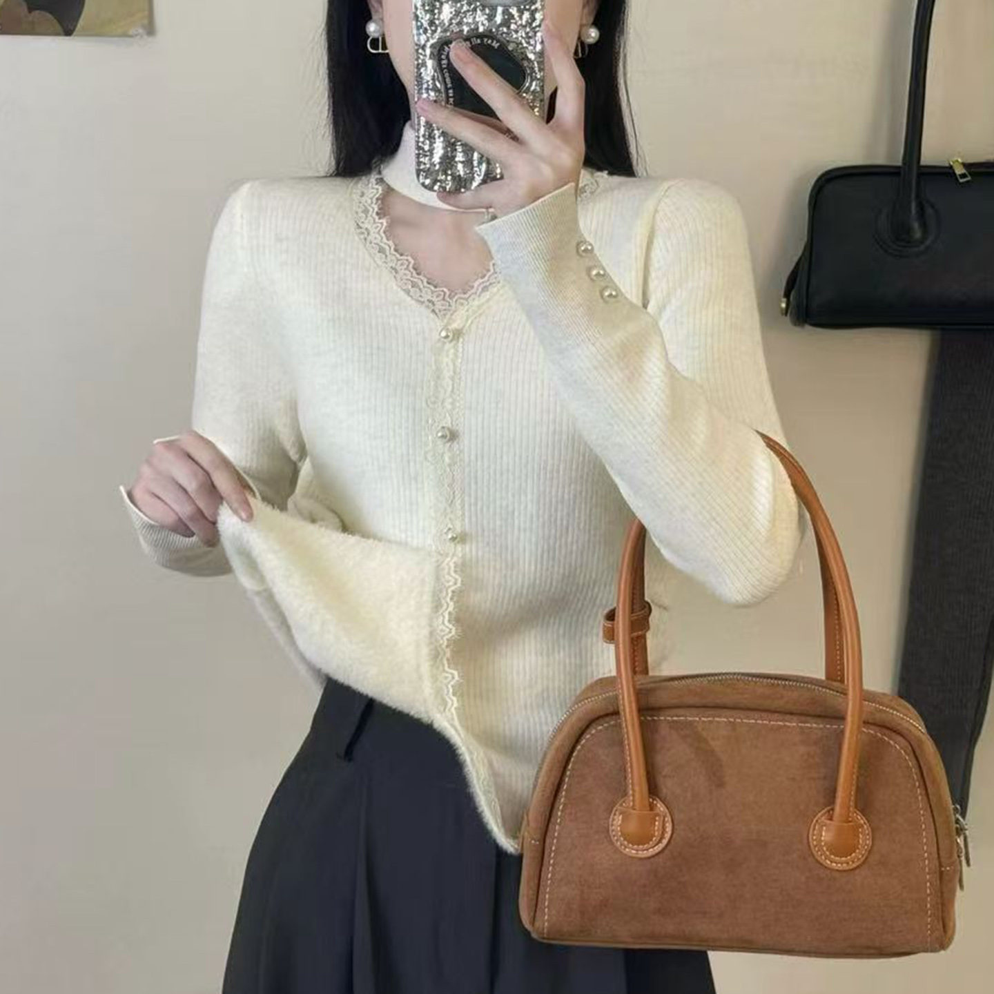 V领针织衫女2025秋冬季新款简约百搭长袖上衣修身套头加绒毛衣