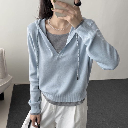 1015k秋冬女上衣假两件连帽针织衫抽绳长袖毛衣休闲细宽松内搭毛