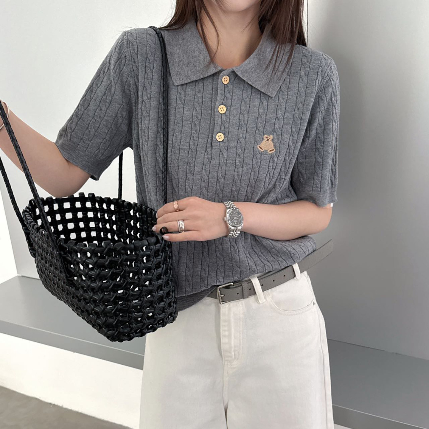 学院风POLO领短袖针织衫女夏小熊刺绣气质减龄上衣
