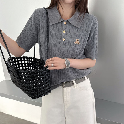 学院风POLO领短袖针织衫女夏小熊刺绣气质减龄上衣