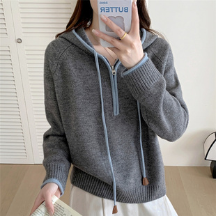 2025秋冬新款女装韩版纯色百搭连帽半拉链毛衣宽松针织打底衫毛衣