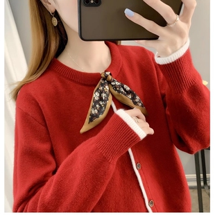 2025春装新款爆款长袖圆领丝巾针织衫开衫外套女士百搭毛衣上衣女