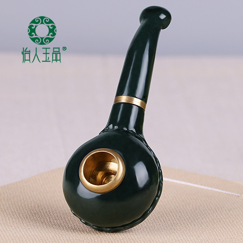 天然和田玉青玉烟嘴双节烟斗玉石烟嘴烟杆老烟嘴旱烟过滤嘴玉器