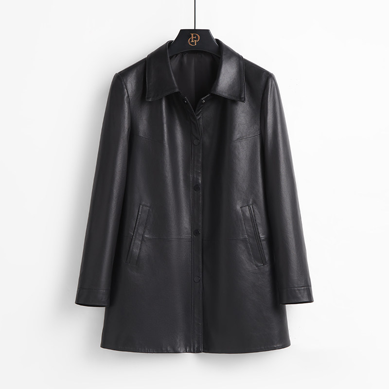 法歌弟黑色海宁真皮皮衣女中长款绵羊皮通勤风简约大码妈妈装外套