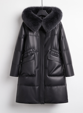 女士大码黑色真皮羽绒服狐狸毛领绵羊皮大口袋加厚妈妈装显瘦外套