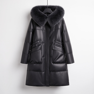 女士大码黑色真皮羽绒服狐狸毛领绵羊皮大口袋加厚妈妈装显瘦外套