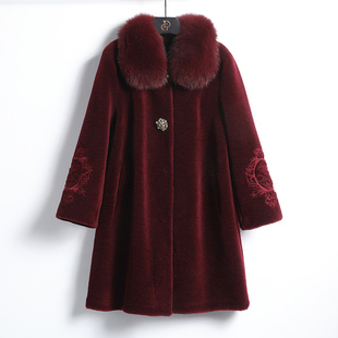 【特价】中老年女装羊剪绒大衣女中长款冬季狐狸毛领羊毛外套