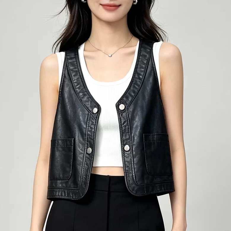 法歌弟真皮V领短款显瘦马甲女
