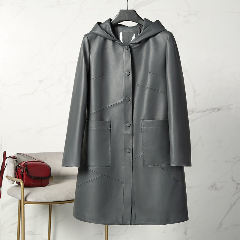 2022年春女连帽大码真皮皮衣外套