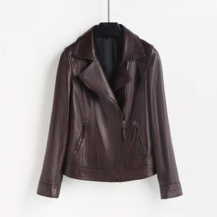 大码 时尚 外套女短款 黑色修身 黑单上 绵羊皮机车皮夹克真皮皮衣西装