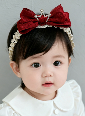 婴儿发带红色公主风皇冠立体蝴蝶结婴幼儿宝宝发饰小月龄头饰女孩