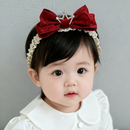 婴儿发带红色公主风皇冠蝴蝶结宝宝周岁生日宴发饰小月龄头饰女孩