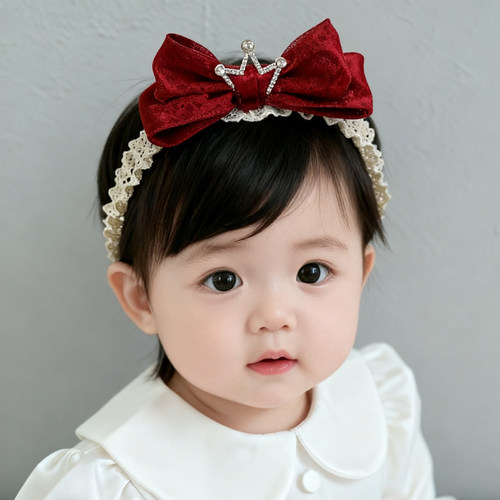 婴儿发带红色公主风皇冠立体蝴蝶结婴幼儿宝宝发饰小月龄头饰女孩