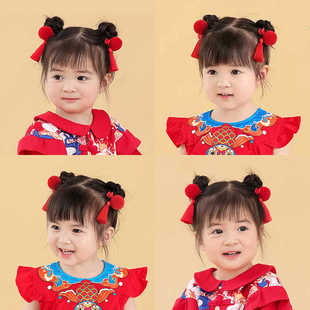 宝宝周岁头饰中式婴儿古风抓周发夹新年儿童发饰红色女童胎毛发卡