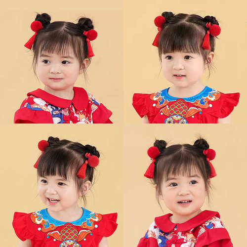 宝宝周岁头饰中式婴儿古风抓周发夹新年儿童发饰红色女童胎毛发卡