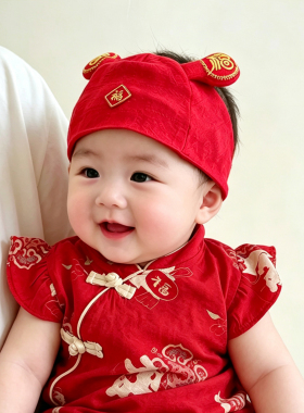新生儿帽子夏季薄款红色喜庆婴儿囟门帽小月龄男宝宝透气空顶胎帽