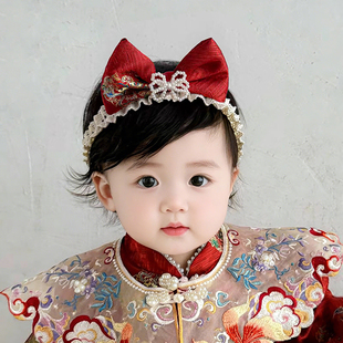 婴儿发带红色中式古风立体蝴蝶结百天周岁生日新年发饰女宝宝头饰