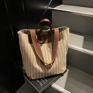 简约大容量百搭帆布包单肩包 原创复古条纹通勤托特包包女2026新款