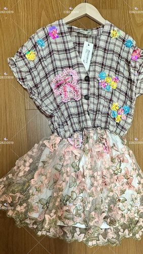 成都实体工作室 意大利格子珠片花朵蝴蝶结连衣裙