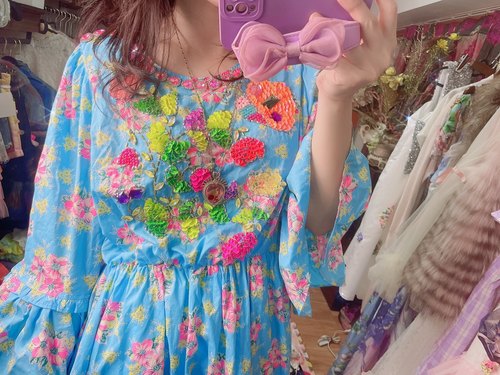 特价 设计师新品夏季棉布碎花重工彩色珠片装饰连衣裙