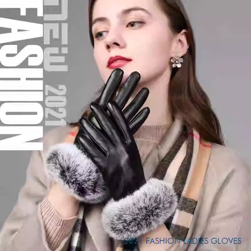 新款皮手套女冬季獭兔毛口头层羊皮加绒加厚保暖时尚触屏真皮修手